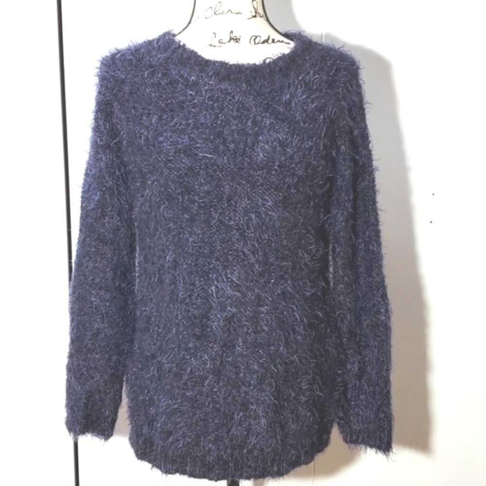 Ypsilon- Womens Navy Mohair/Wool Sweater Eyelash Texture Mod luxury Sz.Medium